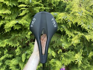 Fizik Tempo Argo R5 saddle held up in front of a conifer tree