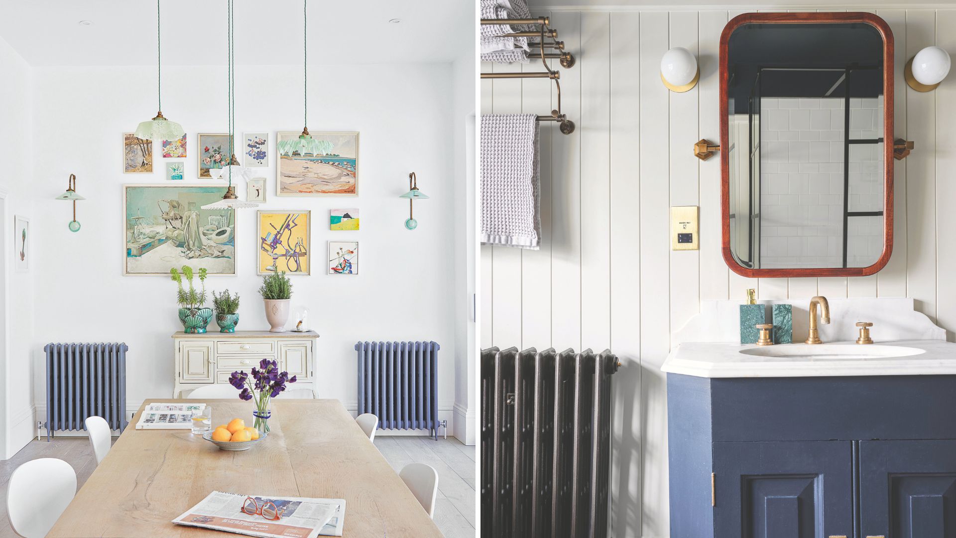collage of two images, a white dining room on the left with a gallery wall and two blue radiators and a white wood panelled bathroom with blue sink vanity