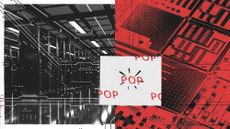 Photo composite illustration of a semiconductor wafer, data centre and cartoon bubble popping