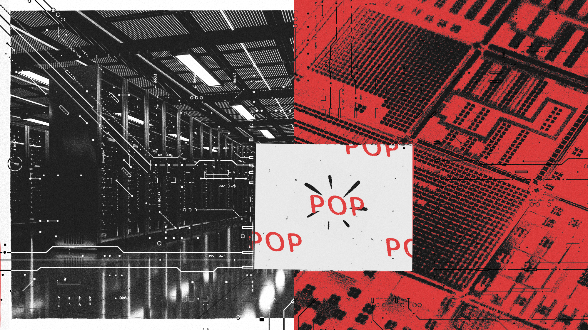 Photo composite illustration of a semiconductor wafer, data centre and cartoon bubble popping