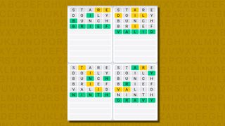 Quordle daily sequence answers for game 650 on a yellow background