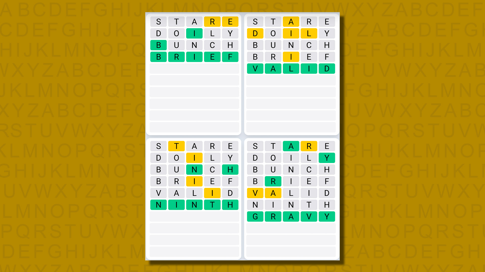 Ежедневная последовательность ответов Quordle для игры 650 на желтом фоне