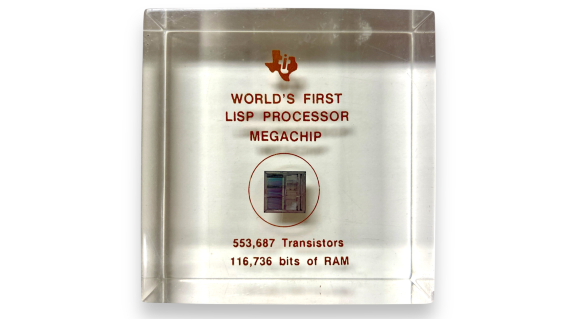 The &amp;quot;world's first LISP processor megachip&amp;quot; from the Computer History Museum's collection, encased in glass.
