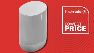 Sonos Move on red background with TR's Lowest Price badge