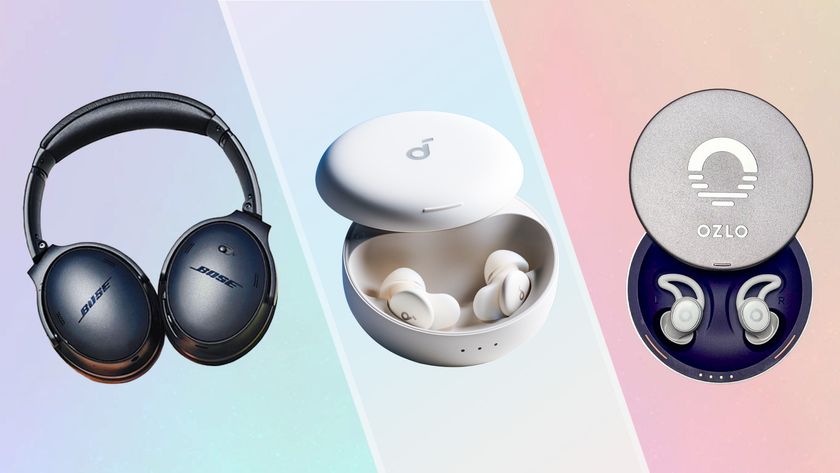 Bose Quiet Comfort Headphones on purple/blue gradient background (left). Soundcore Sleep A30 on white/blue gradient backgrounf (middle). Ozlo Sleepbuds on pink/orange gradient background (right). 