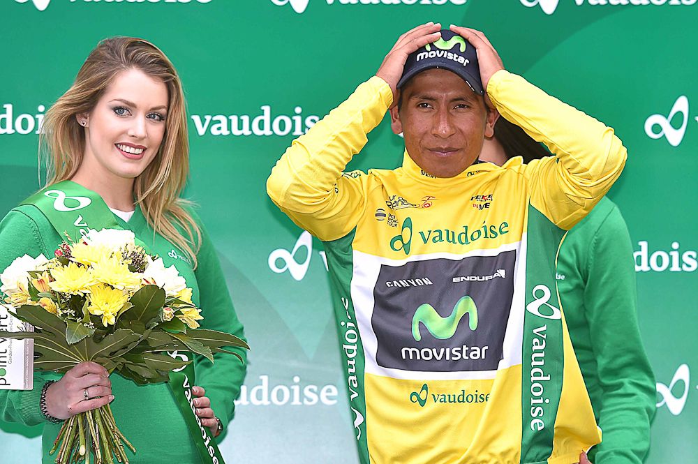 Nairo Quintana on the podium following stage 4 at Romandie.