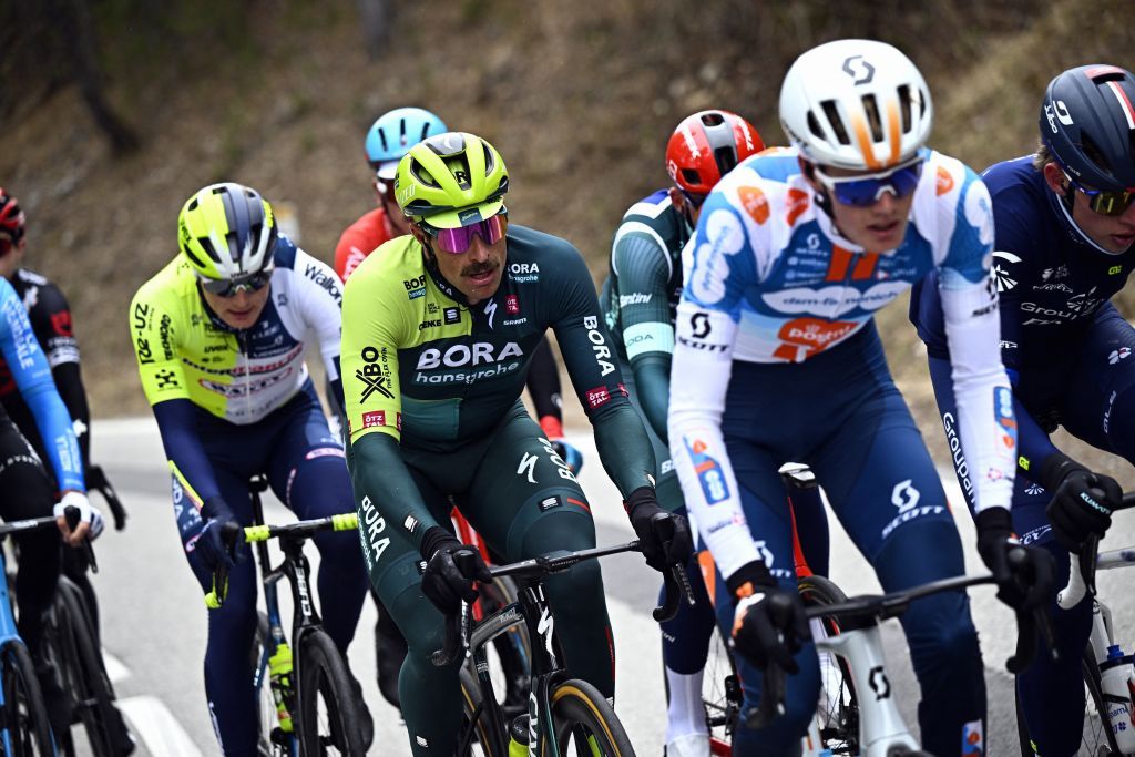Austrian Marco Haller of Bora-Hansgrohe in the breakaway group during the sixth stage of the Paris-Nice eight days cycling stage race, 198,2km from Sisteron to La Colle-sur-Loup, France, Friday 08 March 2024. BELGA PHOTO JASPER JACOBS (Photo by JASPER JACOBS / BELGA MAG / Belga via AFP)