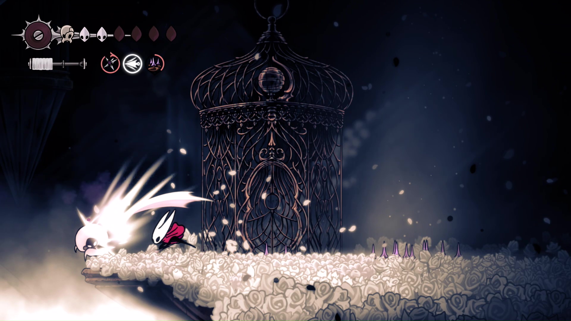 On a platform of white flowers, Hornet strikes the boss Lace in Hollow Knight: Silksong