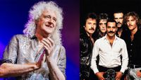 LEFT: Brian May of Queen attends the "We Will Rock You" musical premiere at Stage Palladium Theater on October 17, 2025 in Stuttgart, Germany. RIGHT: An AI rendering of the Queen album cover for The Game from May's IG account