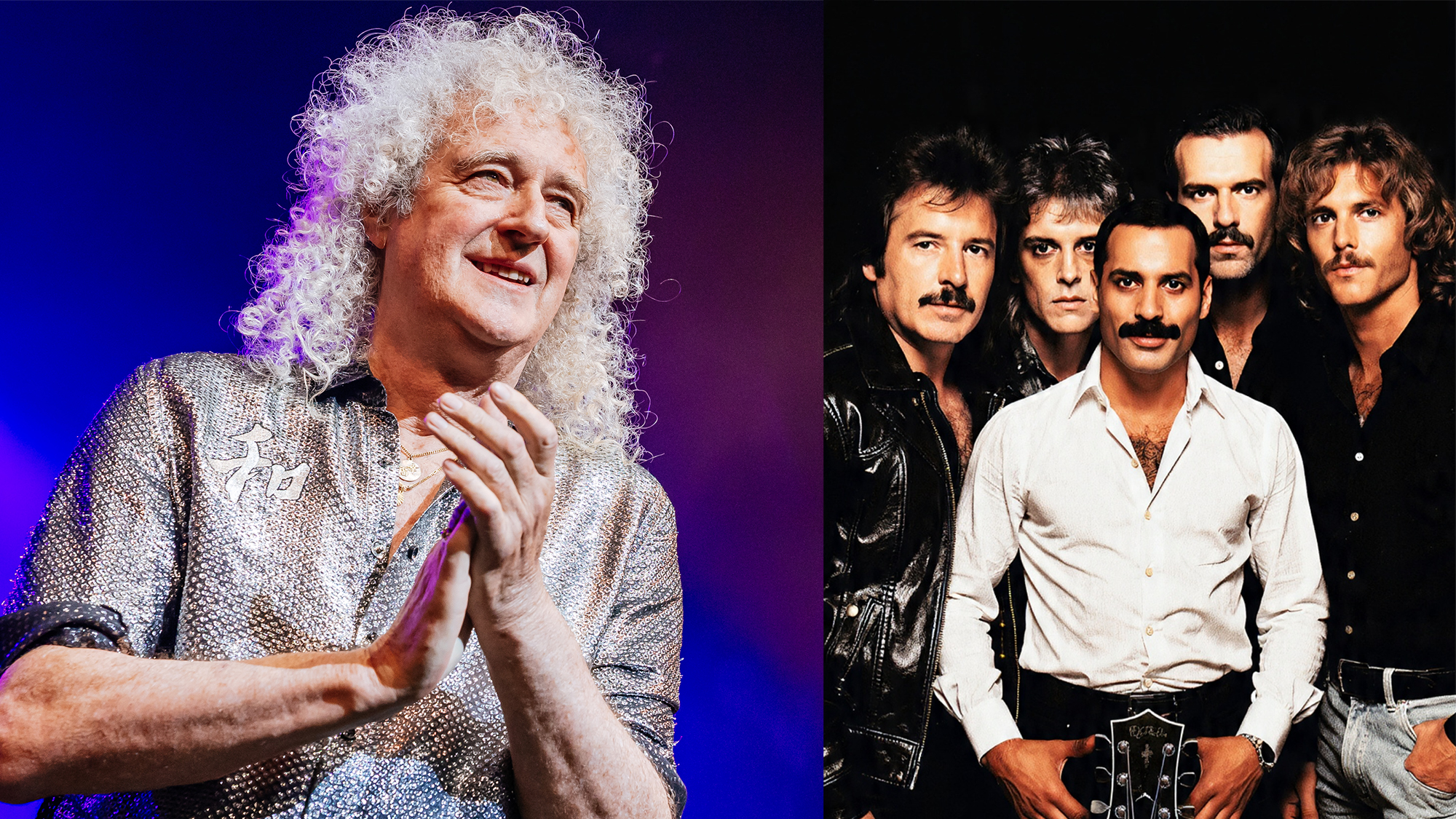 LEFT: Brian May of Queen attends the "We Will Rock You" musical premiere at Stage Palladium Theater on October 17, 2025 in Stuttgart, Germany. RIGHT: An AI rendering of the Queen album cover for The Game from May's IG account