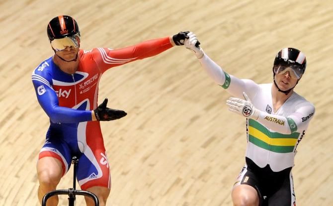 Chris Hoy is congratulated by Australia's Shane Perkins after winning the bronze medal in the men's sprint at the 2012