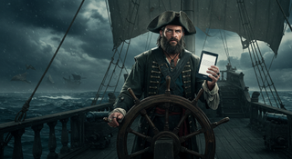 An AI-generated picture of a pirate holding a Kindle.