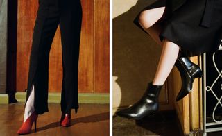 Left, a woman's legs wearing black pants and red high heels. Right, a woman's legs wearing a knee length black skirt with a slip and black leather short boots.