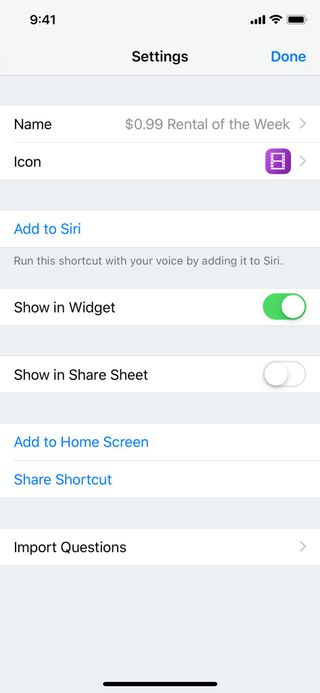 Options screen for a custom shortcut where you can see Add To Siri