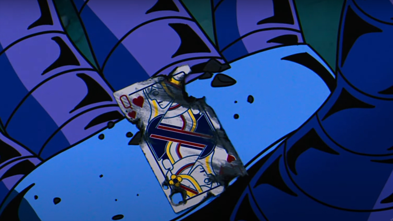 Primer plano de la mano de Apocalipsis sosteniendo una carta de Gambito destruida en X-Men 97