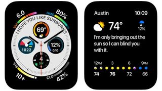 Carrot Weather interface on two Apple Watch screens