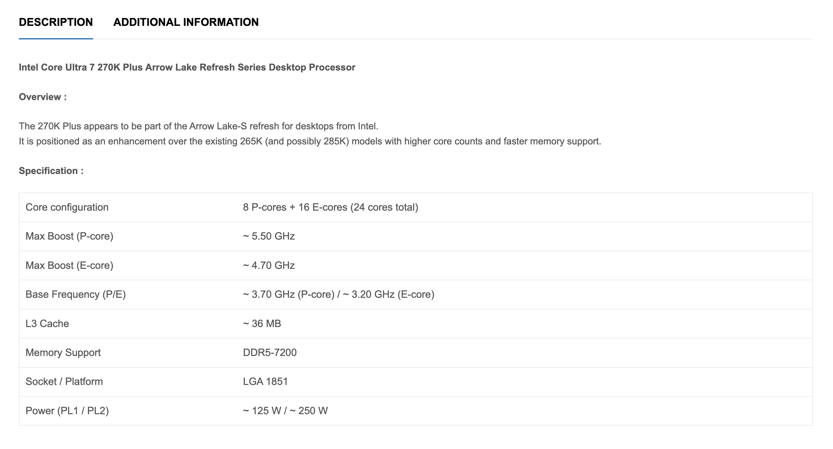 Intel Core Ultra 7 270K Plus specs listed at an Indian retailer
