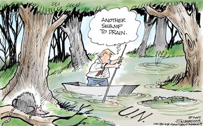 Political cartoon U.S. Trump UN drain the swamp