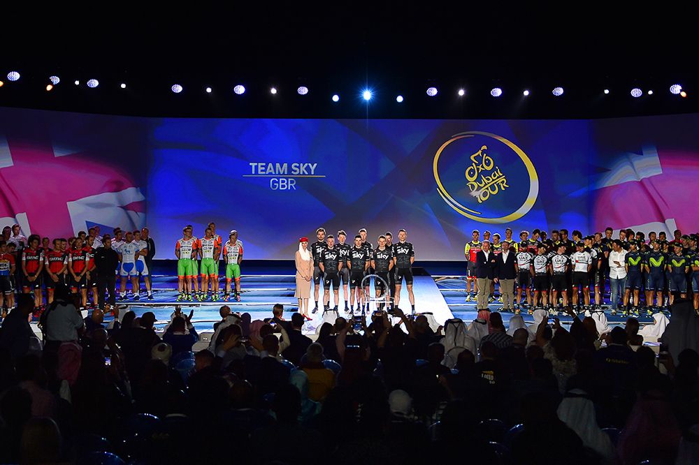 Teams take the stage at the Dubai Tour presentation