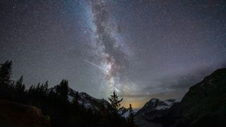The Milky Way galaxy glows in the night sky over the trees