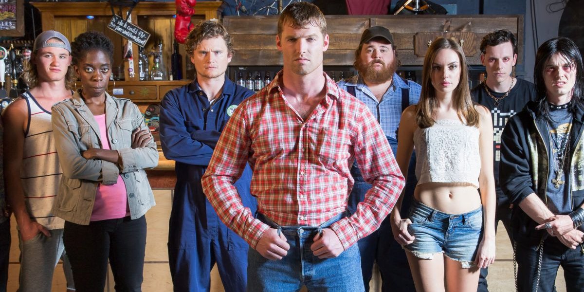 Letterkenny the cast lined up inside a bar