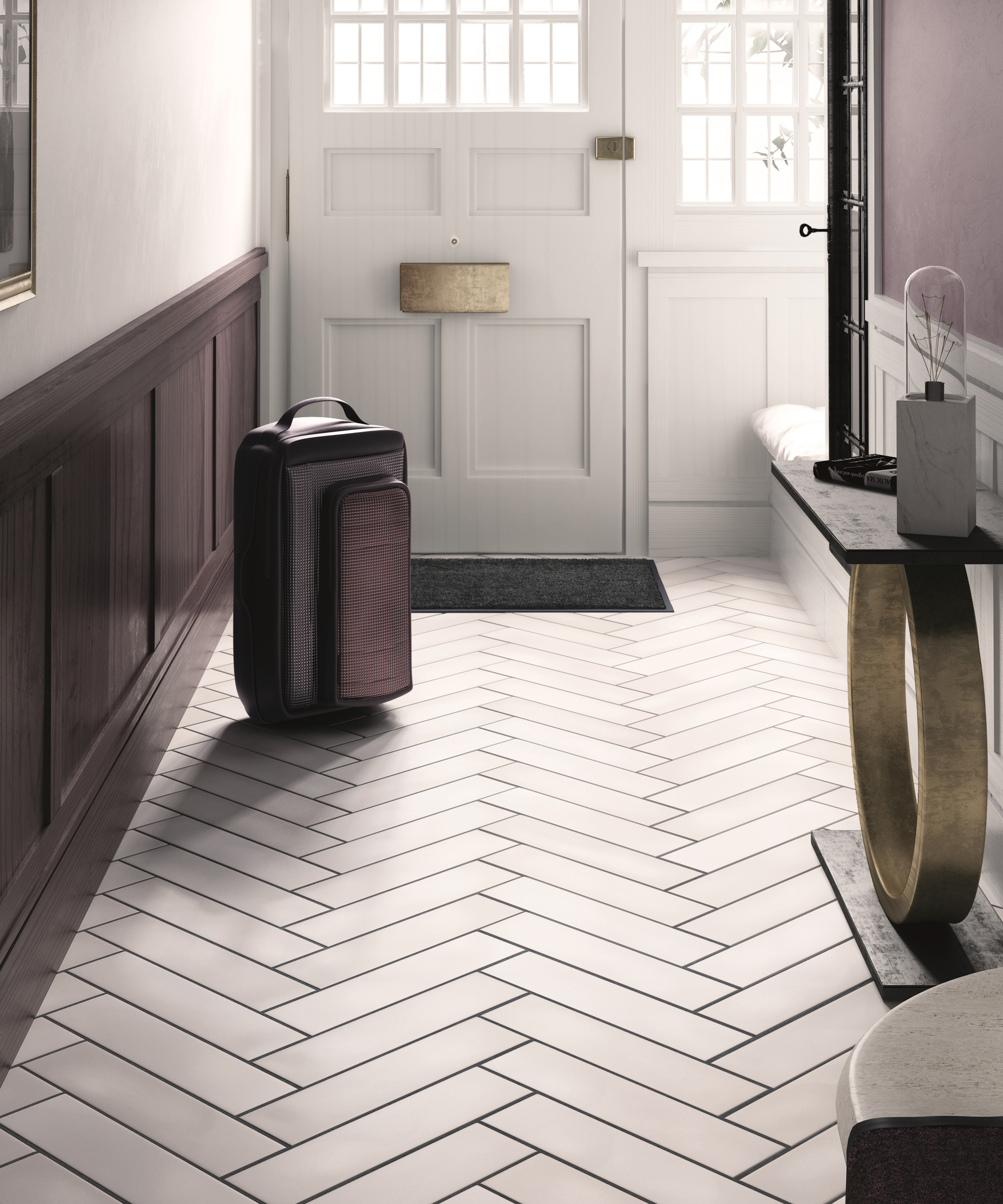 Hallway ideas by Porcelain Superstore using Flatiron white porcelain tiles and dark purple wall paneling