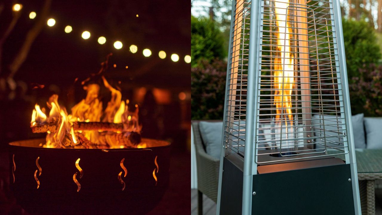 A two-panel image demonstrating fire pits vs patio heaters, a fire pit in a yard at night and a patio heater on a patio at twilight