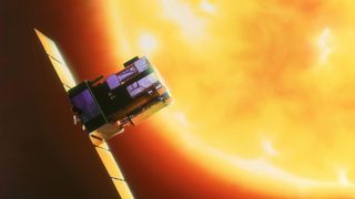 Artist's impression of the Solar and Heliospheric Observatory spacecraft viewing the sun.