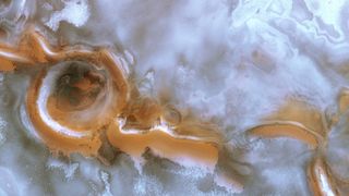 The wintery scene of ice over the southern hemisphere of Mars. The image was captured in May by the Mars Express.