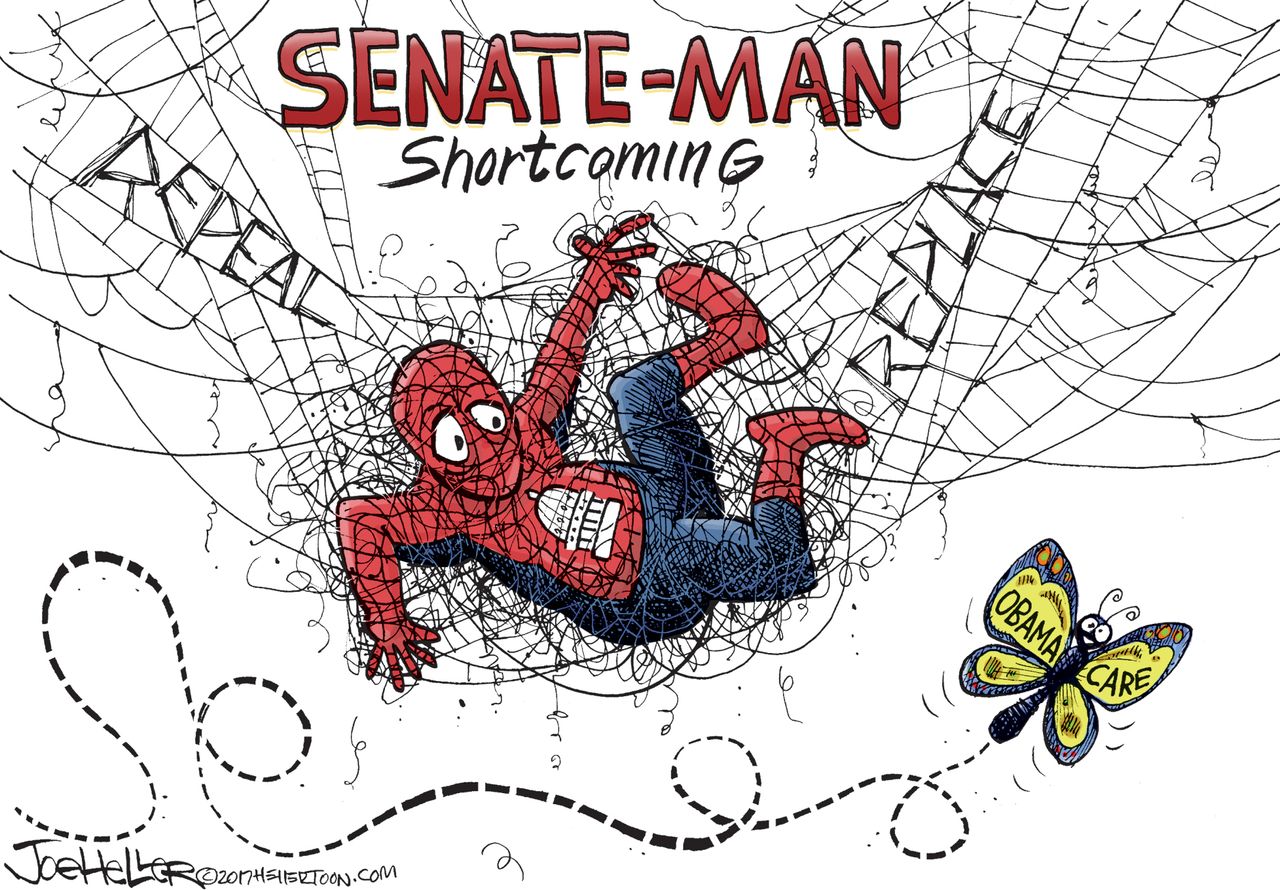 Political cartoon U.S. GOP health-care bill Obamacare Spiderman