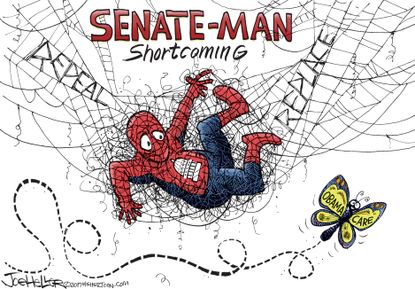 Political cartoon U.S. GOP health-care bill Obamacare Spiderman