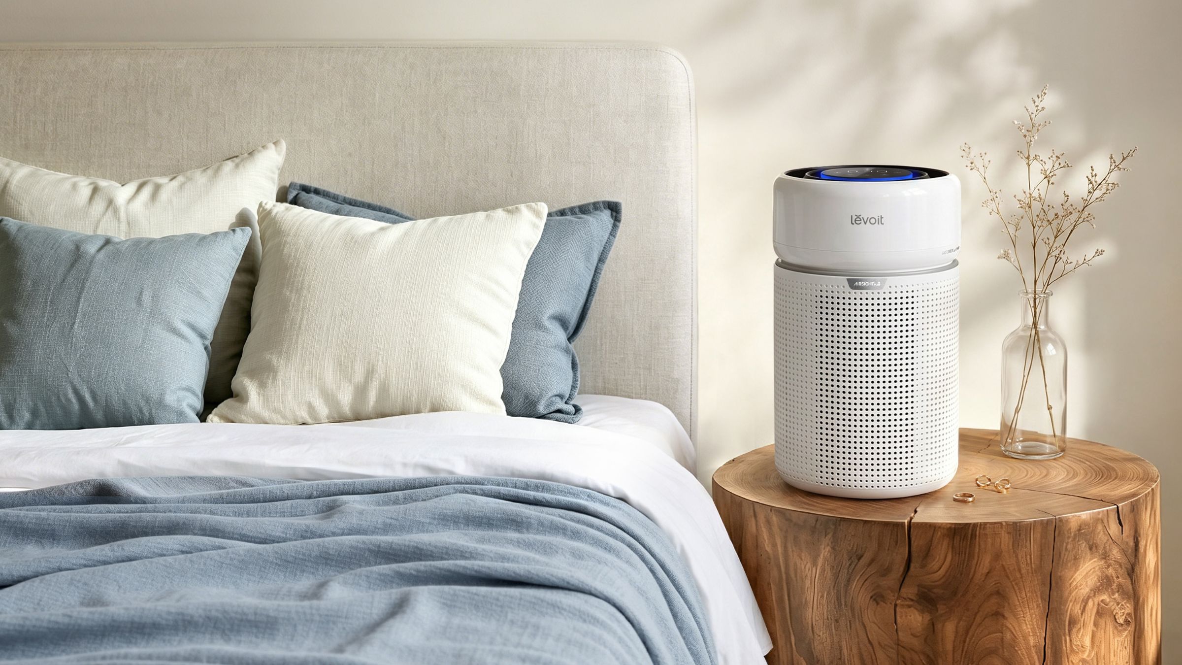 White Levoit air purifier on a wooden side table, next to a bed with white and blue layered bedding