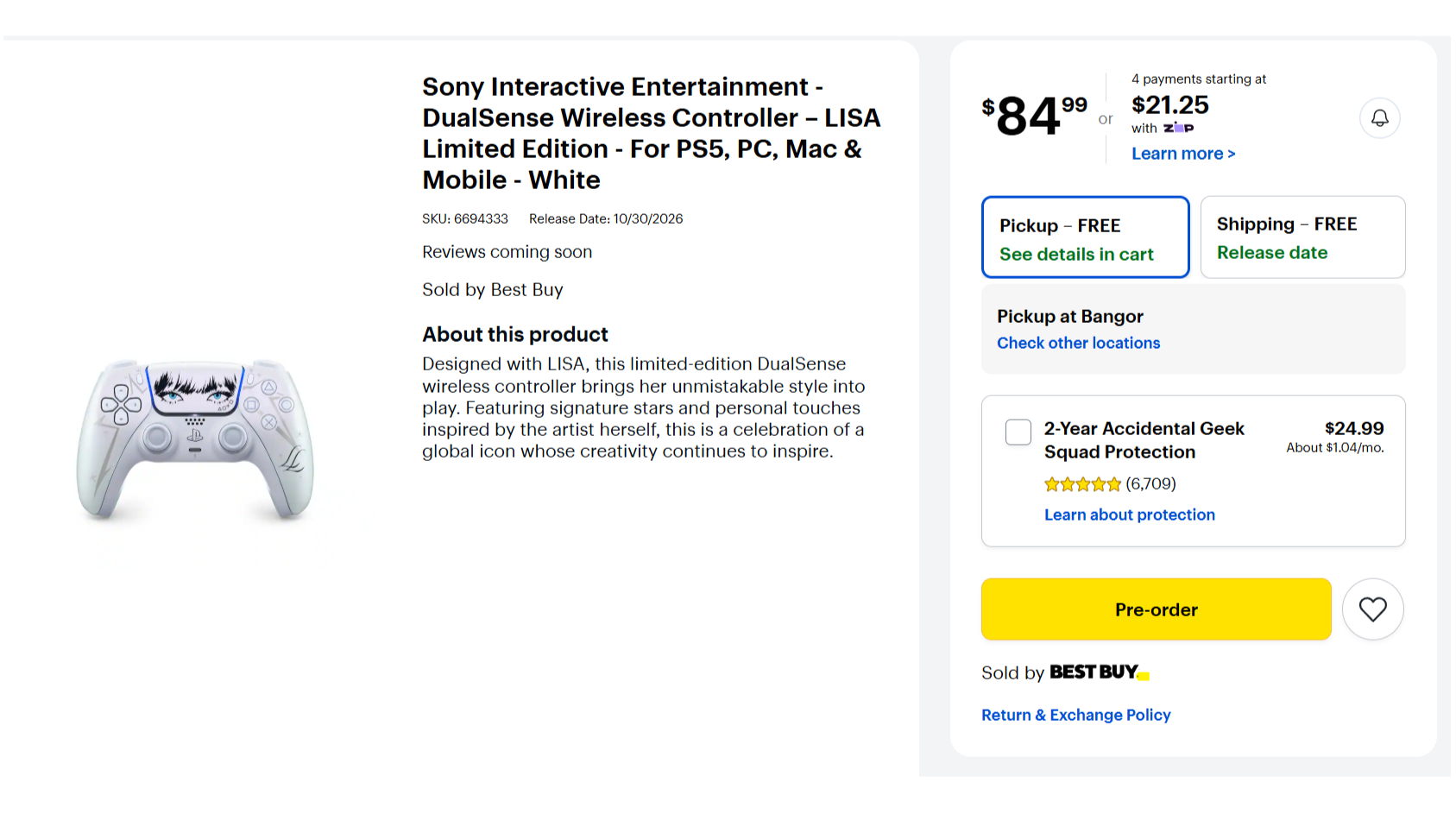The Best Buy pre-order page for the limited edition Lisa DualSense controller