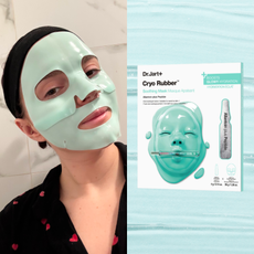 brooke knappenberger wearing blue sheet mask with dr jart face mask overlaid on background of blue gel streaks 