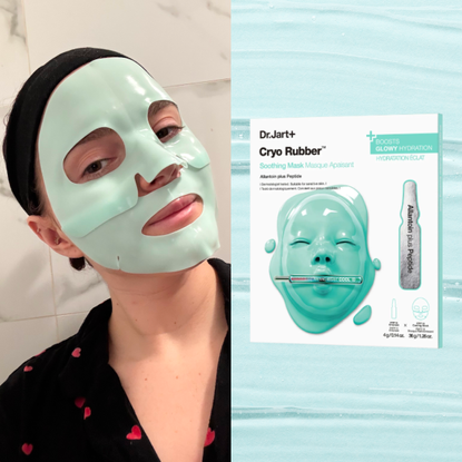 brooke knappenberger wearing blue sheet mask with dr jart face mask overlaid on background of blue gel streaks 