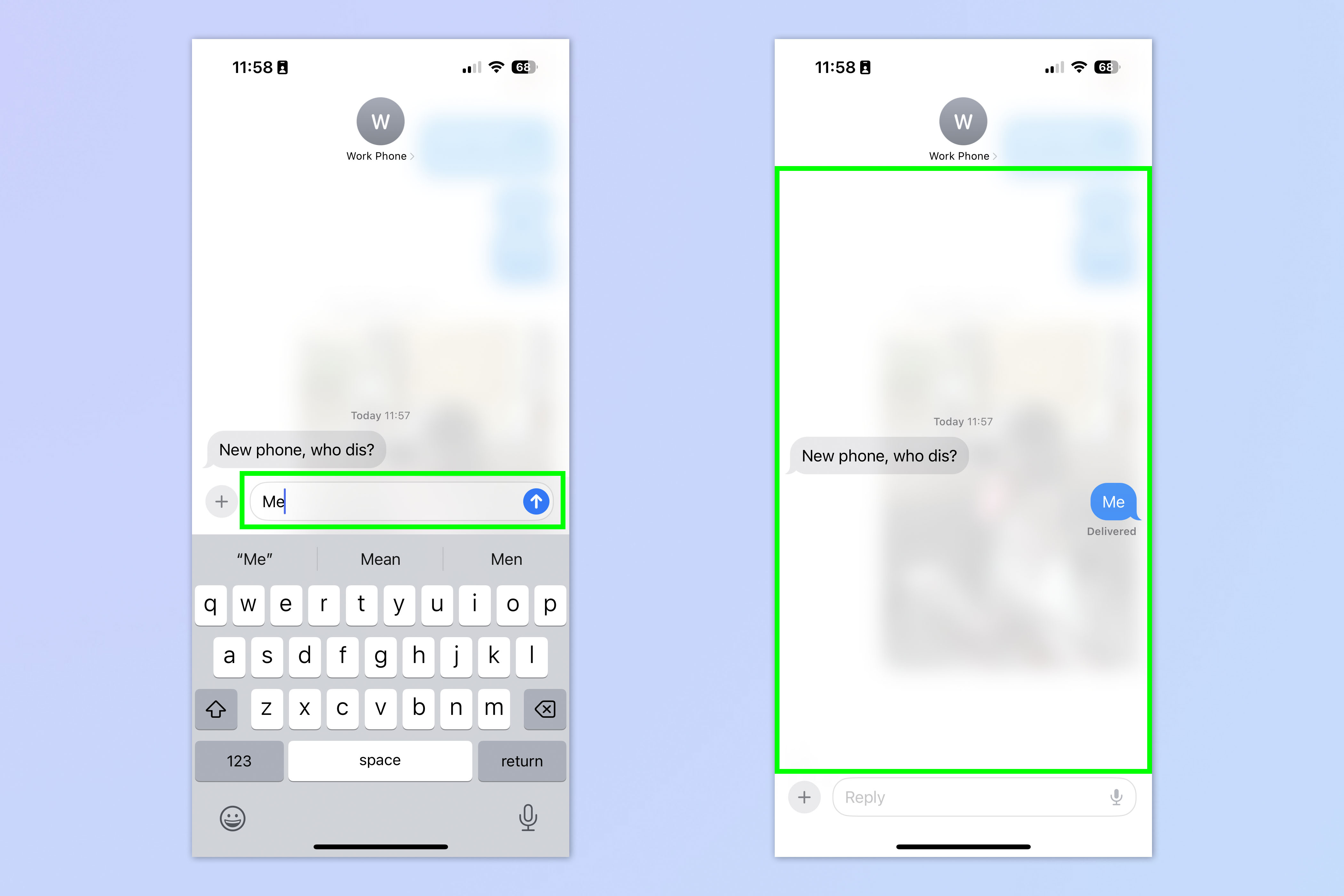 Una captura de pantalla que muestra cómo responder rápidamente en Mensajes de iOS