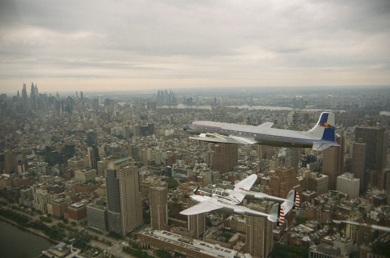 Photos from the Red Bull Flying Bulls Douglas DC-6B flight shot using vintage cameras
