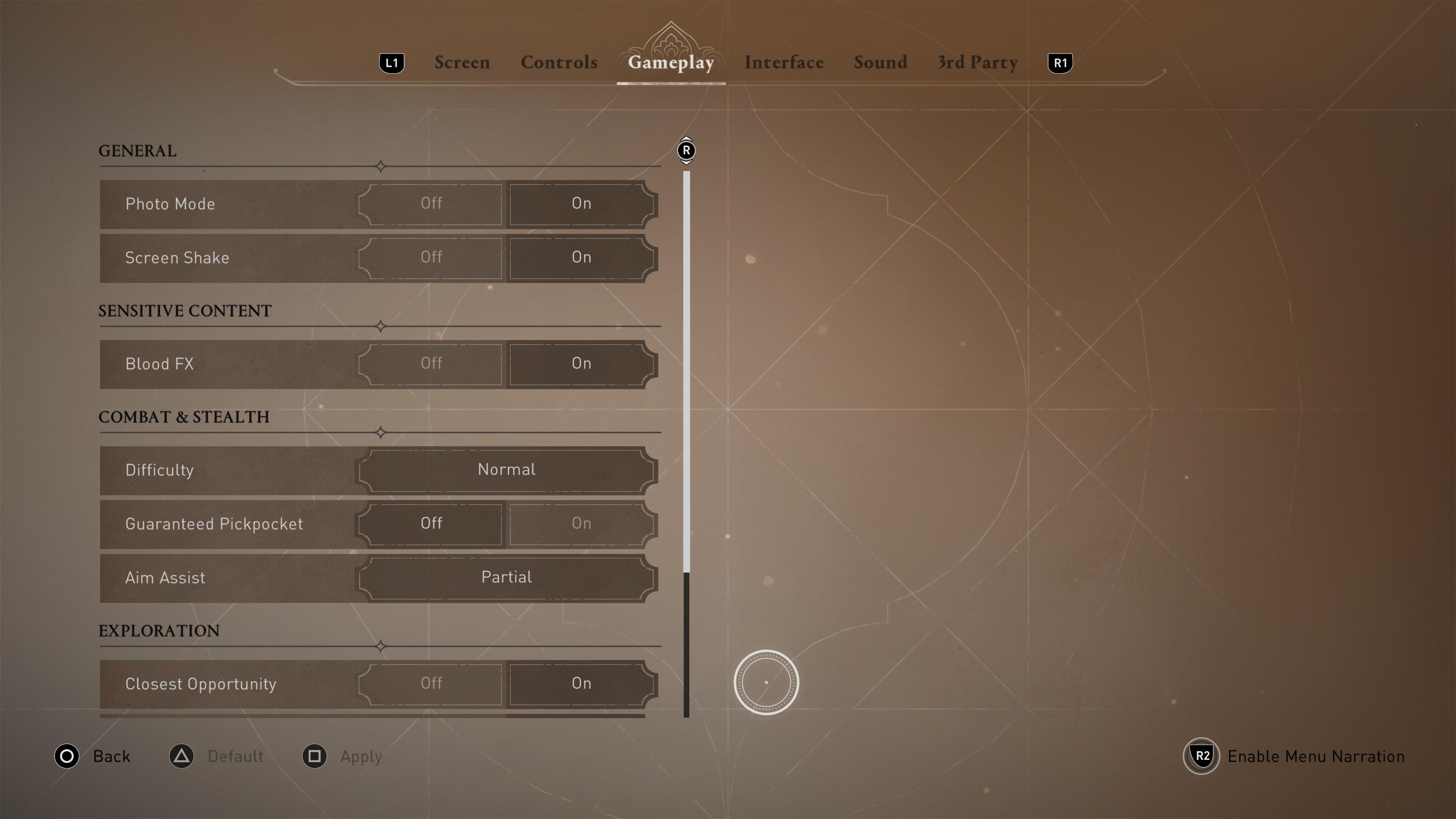 Screenshots of menus from Assassin's Creed Mirage