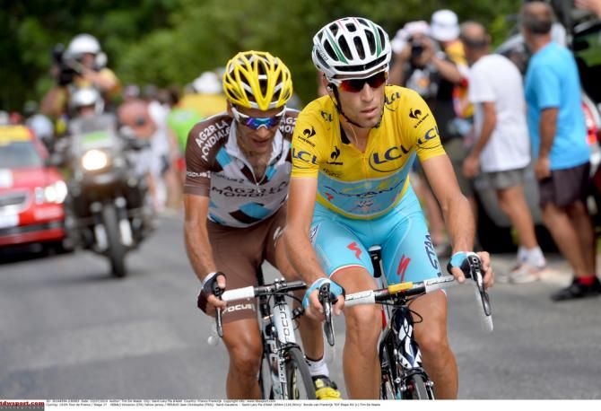 Vincenzo Nibali (Astana) leading Jean-Christophe P&eacute;raud (Ag2r)