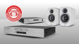 Cambridge Audio CXC and CXA with Q Acoustics 3010i speakers on a grey background with a Recommended System logo