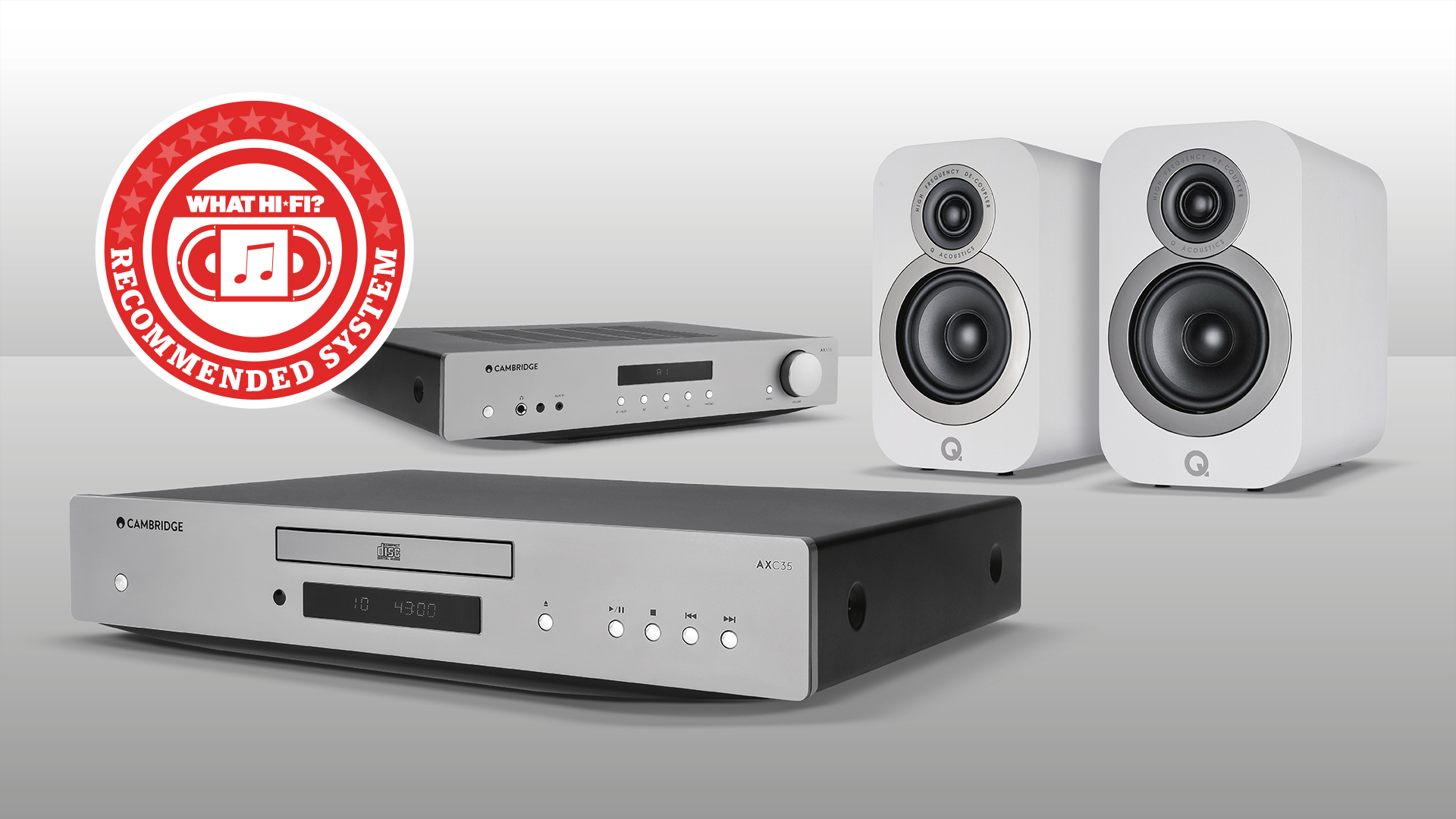 Cambridge Audio CXC and CXA with Q Acoustics 3010i speakers on a grey background with a Recommended System logo
