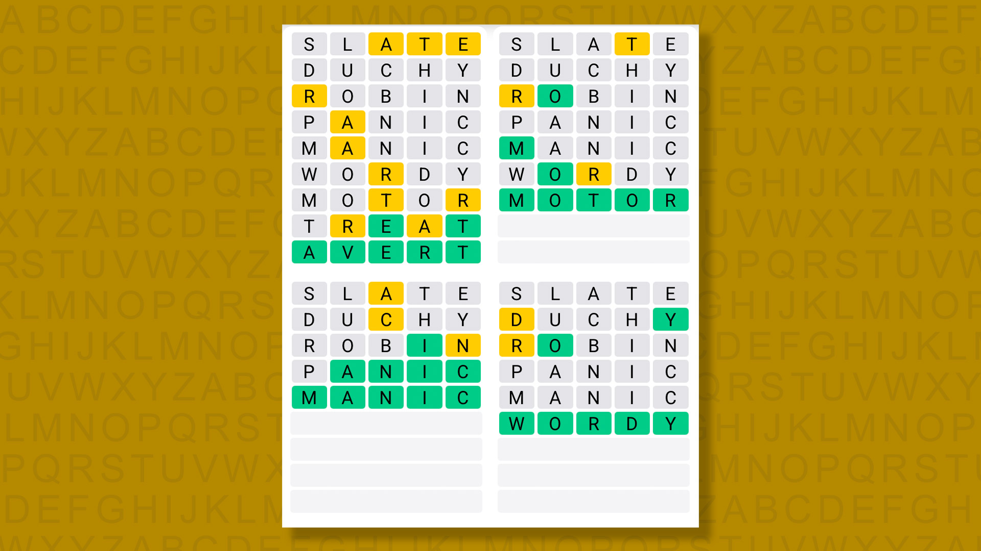 Quordle answers for game 1621 on a yellow background