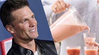 Photo fo Tom Brady next to a woman pouring a smoothie 