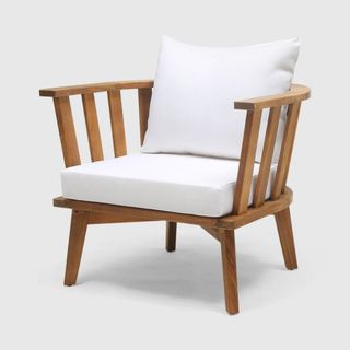 white and teak outdoor armchair