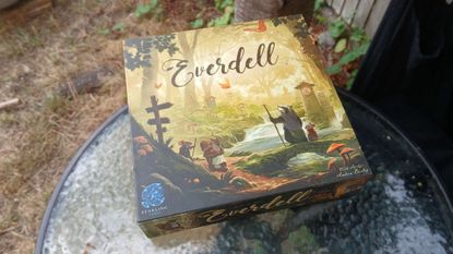 Everdell components laid out on a glass surface with grass and plants in the background