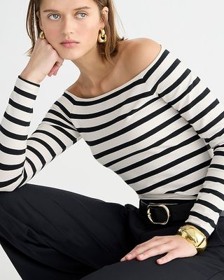 Off-The-Shoulder Long-Sleeve Shirt in Striped Stretch Cotton