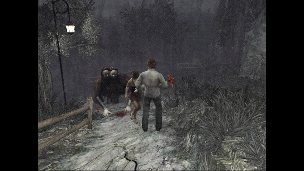 A Twin Victim rushes the player in a forest in Silent Hill 4: The Room