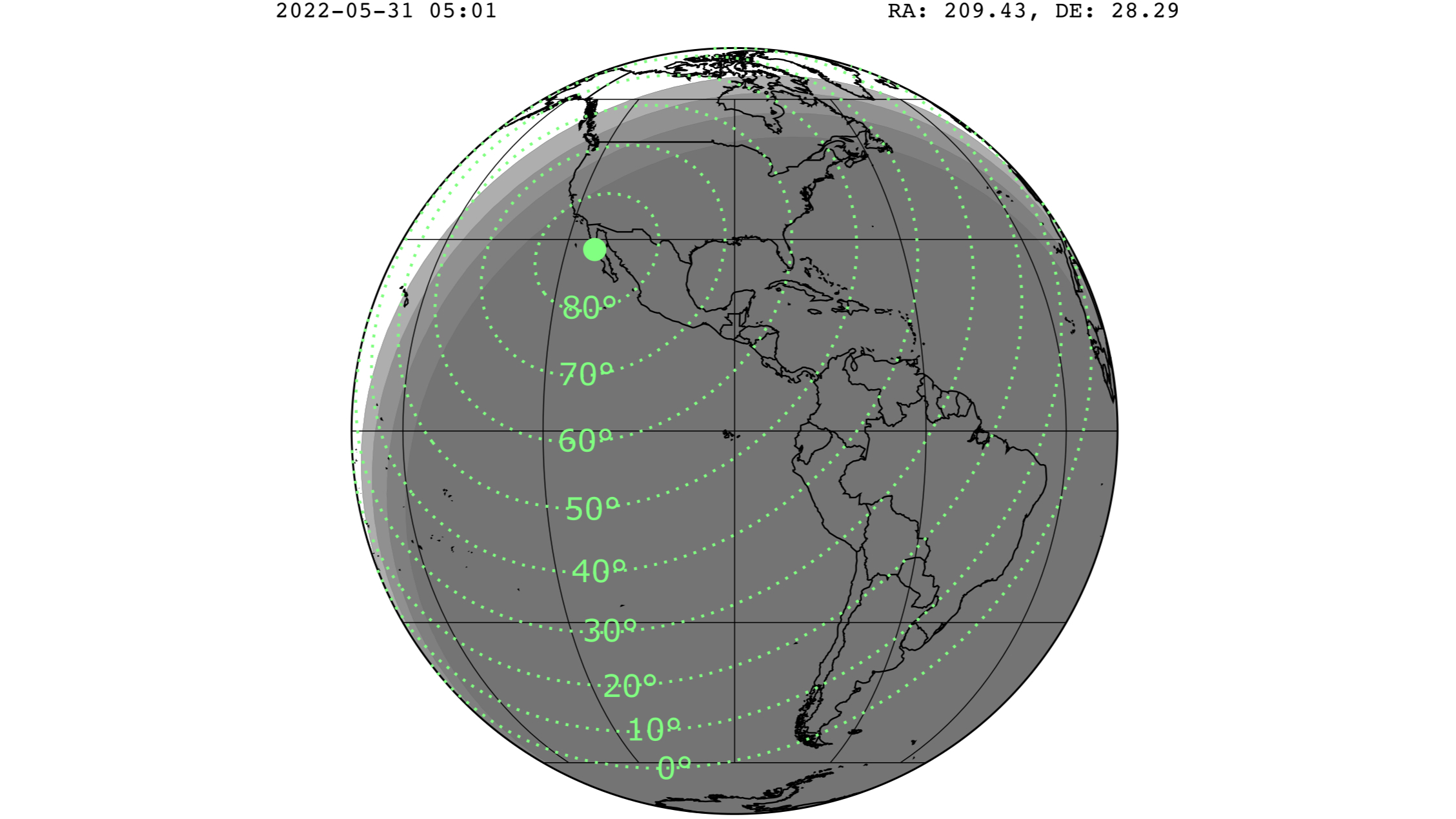 A map showing the visibility of the possible tau Herculid meteor shower.