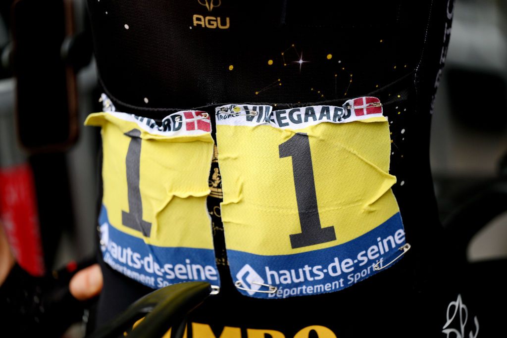 TARBES FRANCE JULY 06 BIB number detail view of Jonas Vingegaard of Denmark and Team JumboVisma prior to the stage six of the 110th Tour de France 2023 a 1449km stage from Tarbes to CauteretsCambasque 1355m UCIWT on July 06 2023 in Tarbes France Photo by David RamosGetty Images