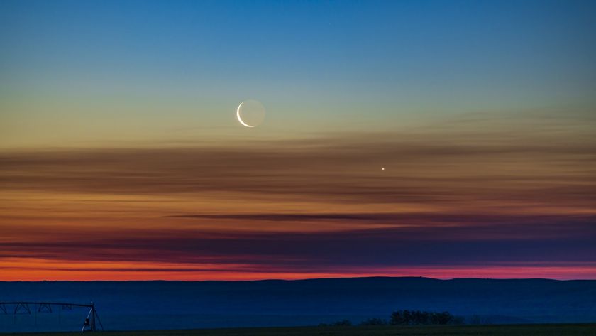 the moon shines next to bright venus at sunset. the sky is painted hues of blue, yellow and orange.